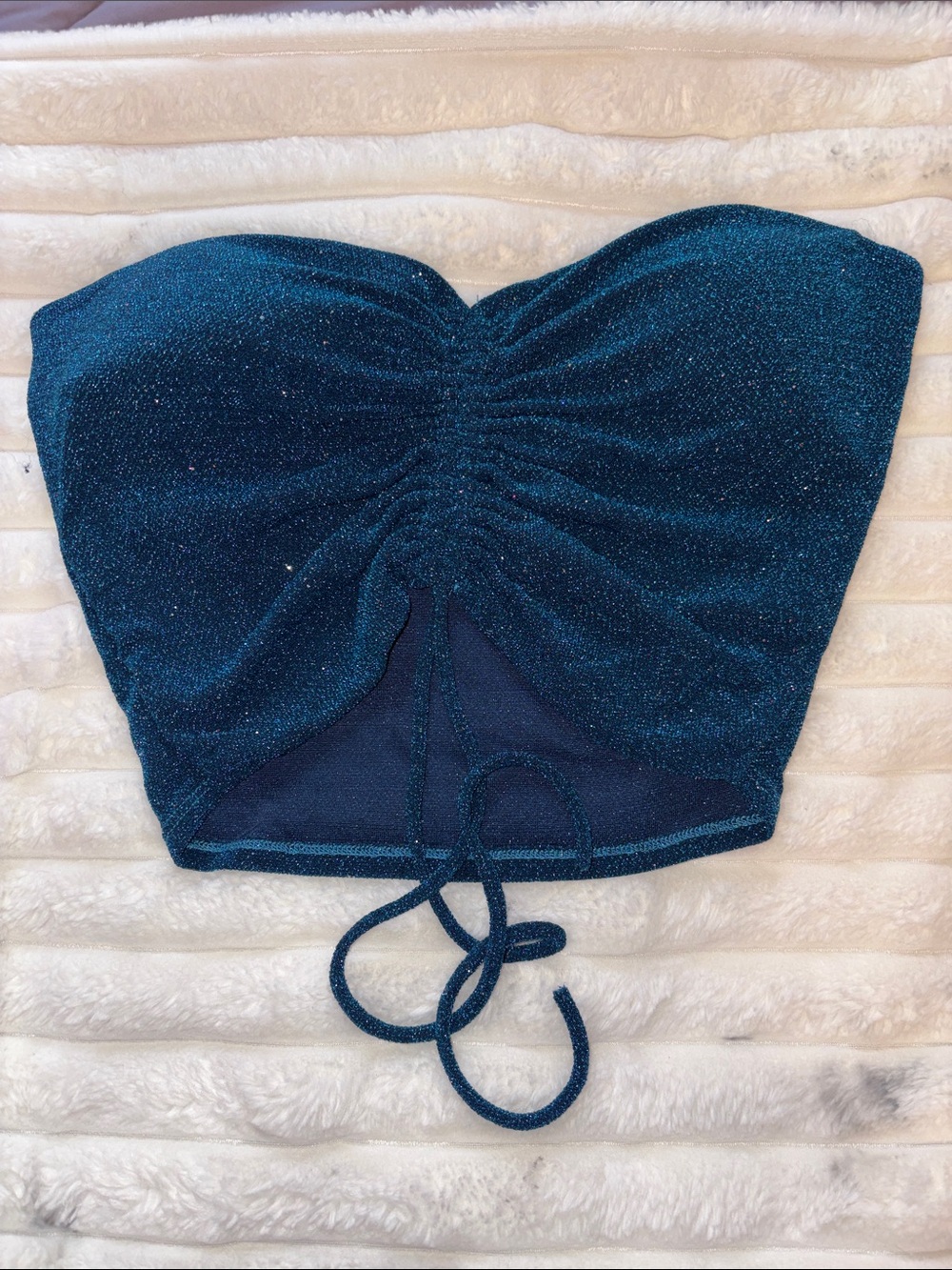 Glitter Ruched Strapless Crop Top - Teal Sparkle